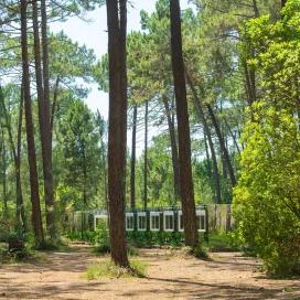 vue éloignée du complexe de logements modulaires ALGECO® temporaire avec façade en trompe l’œil dans une forêt d’Arès (Bassin d’Arcachon)